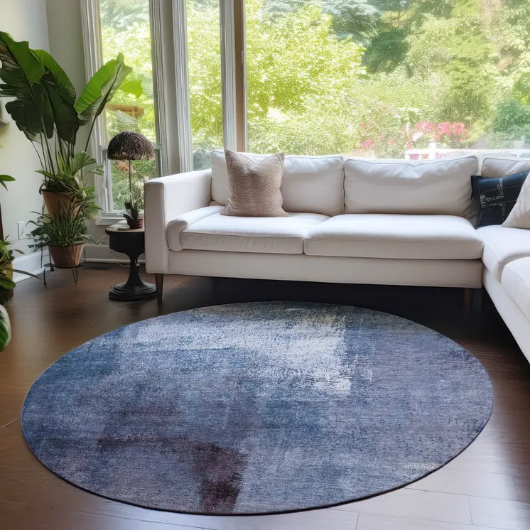 8' Navy Blue And Sky Blue Round Abstract Washable Indoor Outdoor Area Rug