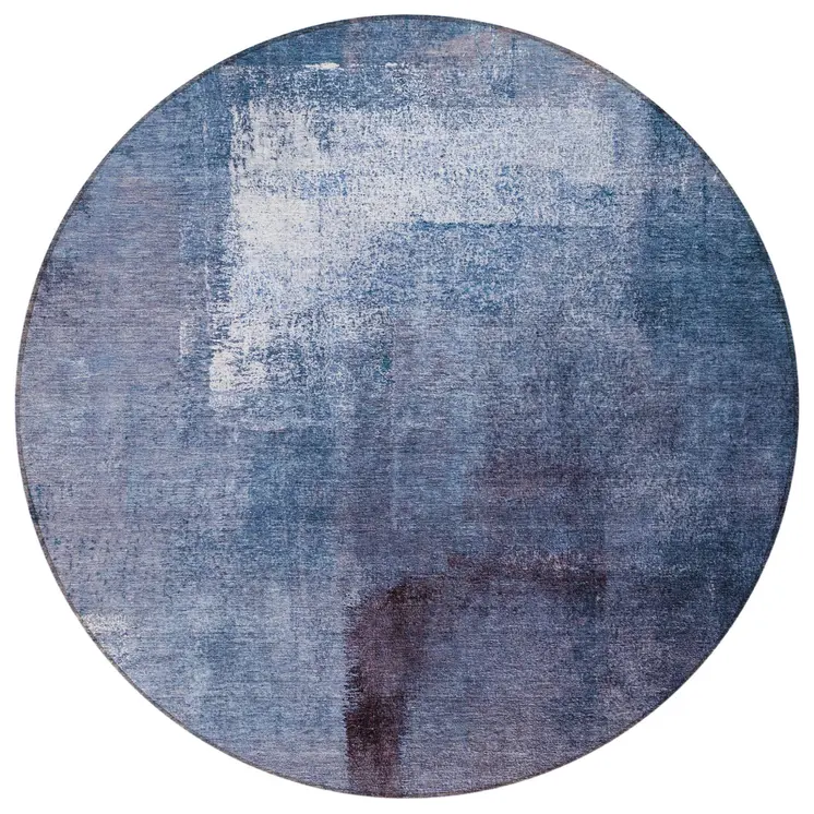 8' Navy Blue And Sky Blue Round Abstract Washable Indoor Outdoor Area Rug