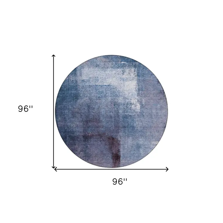 8' Navy Blue And Sky Blue Round Abstract Washable Indoor Outdoor Area Rug
