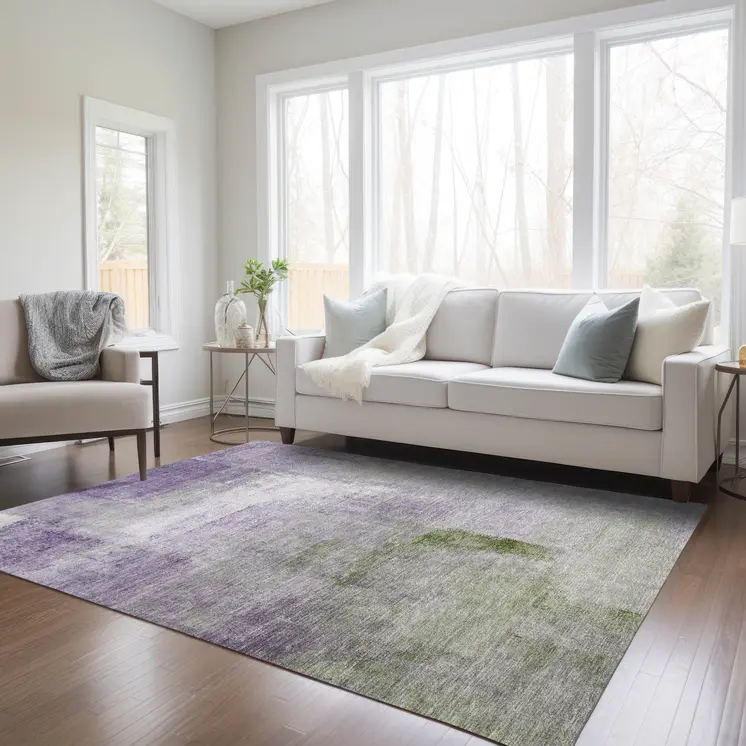 3' X 5' Purple Lavender And Green Abstract Washable Indoor Outdoor Area Rug