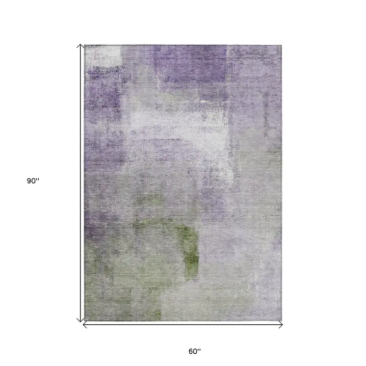 5' X 8' Purple Lavender And Green Abstract Washable Indoor Outdoor Area Rug