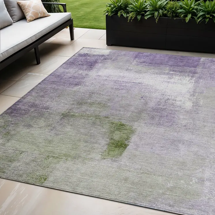 5' X 8' Purple Lavender And Green Abstract Washable Indoor Outdoor Area Rug