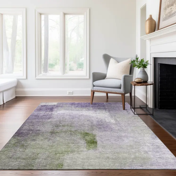 5' X 8' Purple Lavender And Green Abstract Washable Indoor Outdoor Area Rug