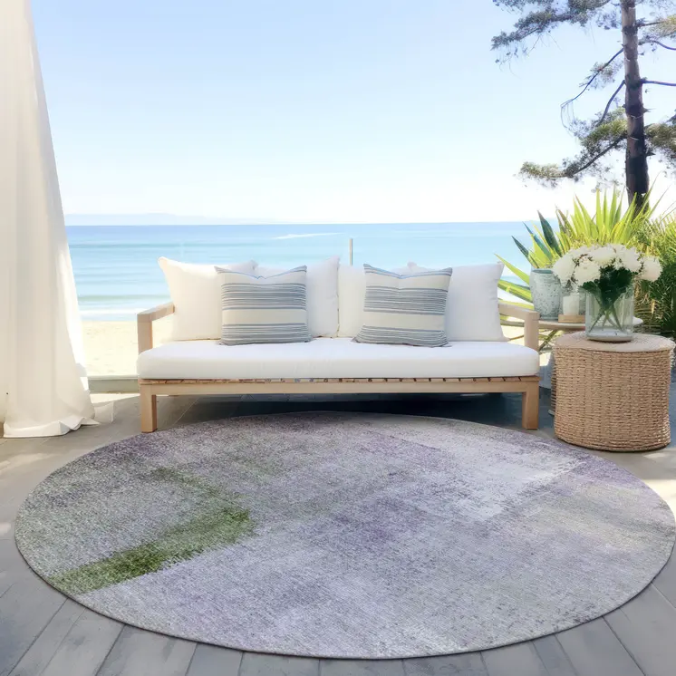 8' Purple Lavender And Green Round Abstract Washable Indoor Outdoor Area Rug