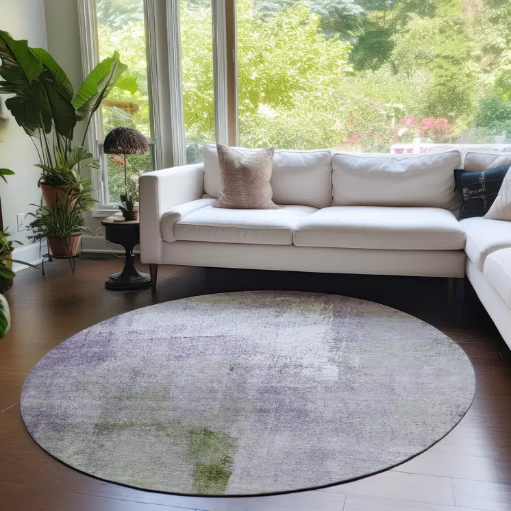8' Purple Lavender And Green Round Abstract Washable Indoor Outdoor Area Rug