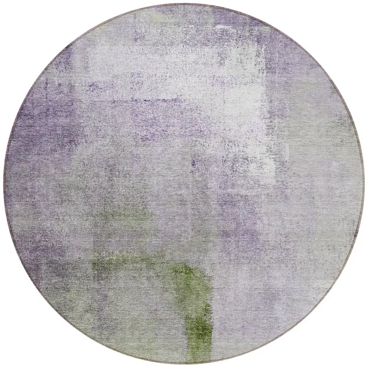 8' Purple Lavender And Green Round Abstract Washable Indoor Outdoor Area Rug