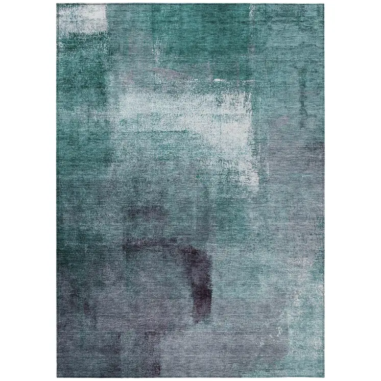 3' X 5' Teal Blue Aqua And Ivory Abstract Washable Indoor Outdoor Area Rug