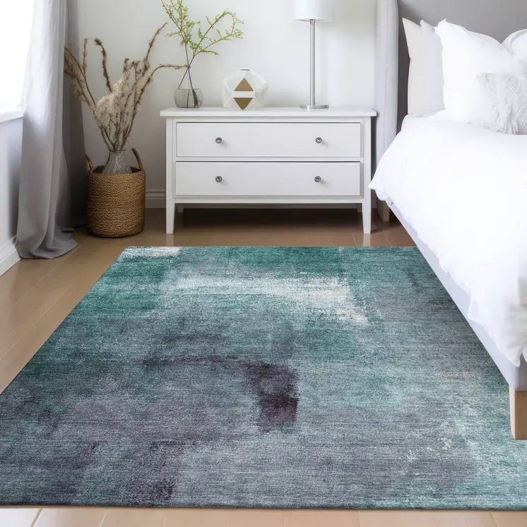 3' X 5' Teal Blue Aqua And Ivory Abstract Washable Indoor Outdoor Area Rug