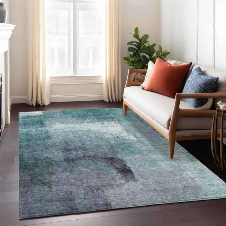 3' X 5' Teal Blue Aqua And Ivory Abstract Washable Indoor Outdoor Area Rug