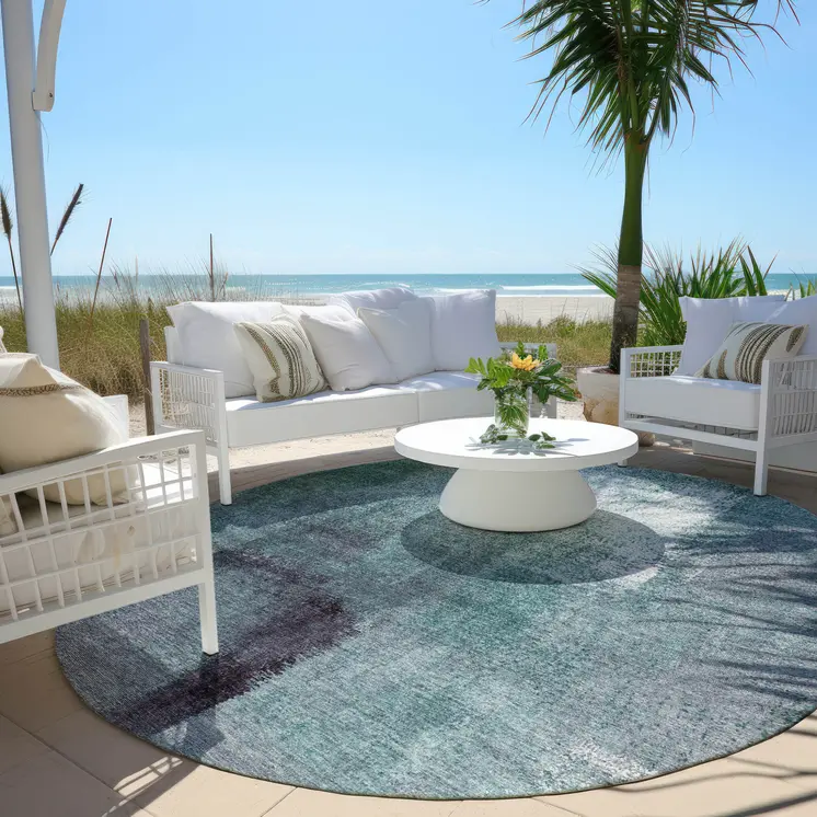 8' Teal Blue Aqua And Ivory Round Abstract Washable Indoor Outdoor Area Rug