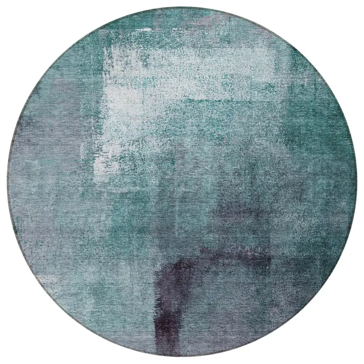 8' Teal Blue Aqua And Ivory Round Abstract Washable Indoor Outdoor Area Rug