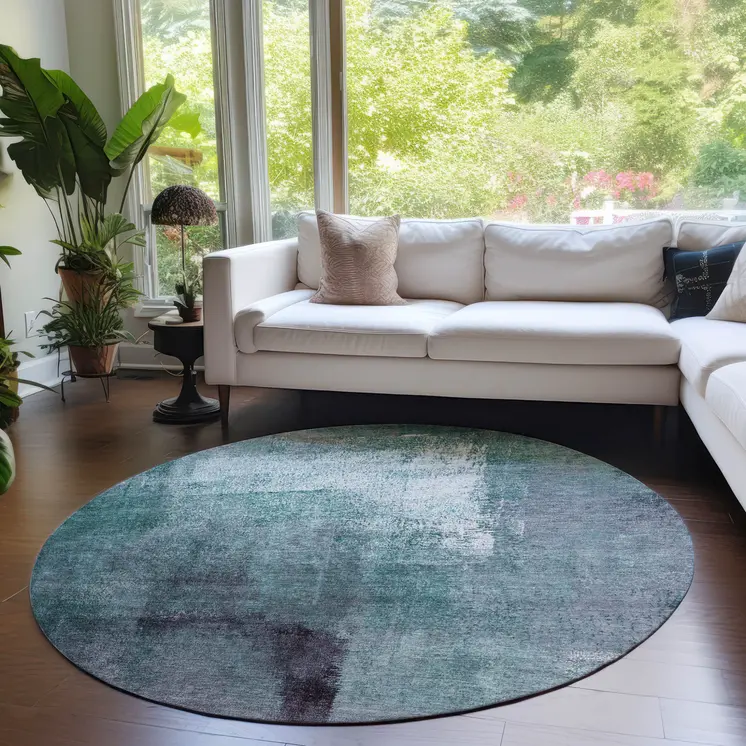 8' Teal Blue Aqua And Ivory Round Abstract Washable Indoor Outdoor Area Rug