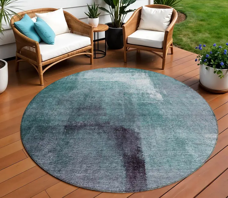 8' Teal Blue Aqua And Ivory Round Abstract Washable Indoor Outdoor Area Rug