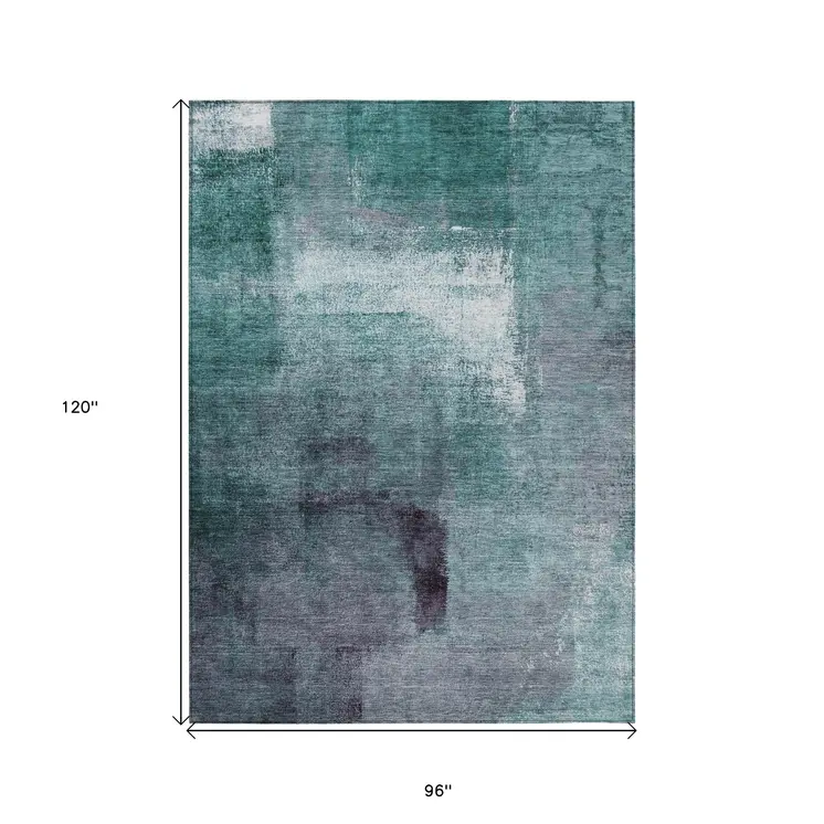 8' X 10' Teal Blue Aqua And Ivory Abstract Washable Indoor Outdoor Area Rug