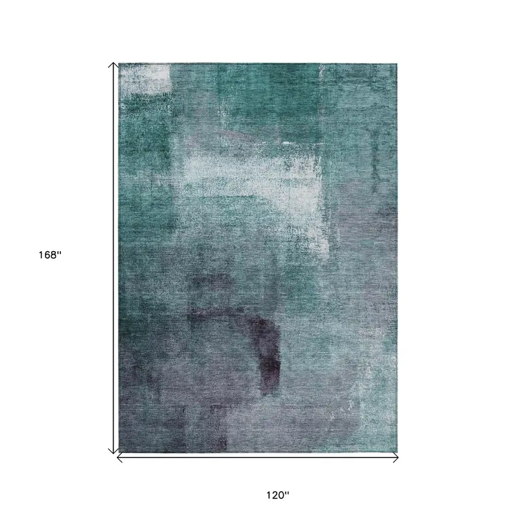 10' X 14' Teal Blue Aqua And Ivory Abstract Washable Indoor Outdoor Area Rug