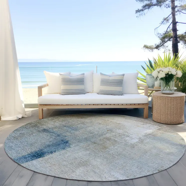 8' Taupe Beige And Ivory Round Abstract Washable Indoor Outdoor Area Rug