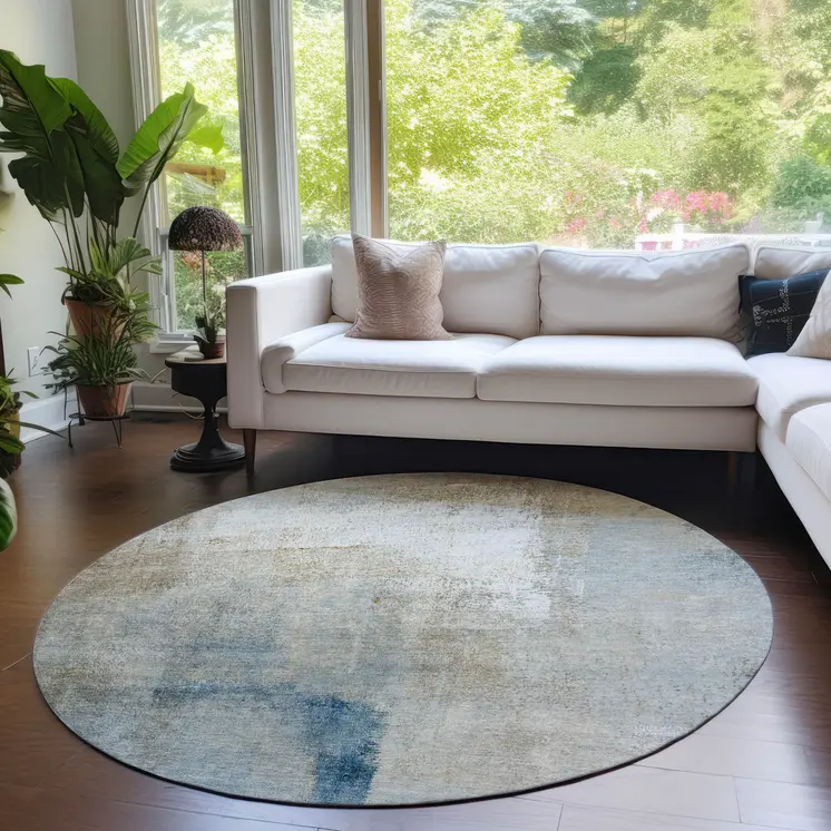 8' Taupe Beige And Ivory Round Abstract Washable Indoor Outdoor Area Rug