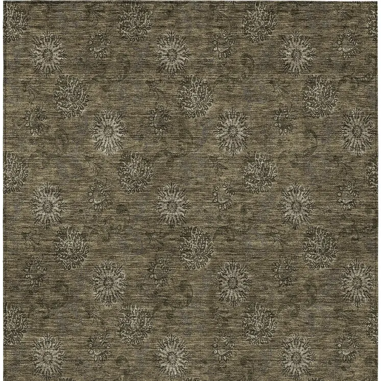 3' X 5' Brown And Beige Floral Washable Indoor Outdoor Area Rug