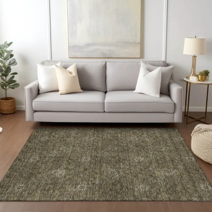 3' X 5' Brown And Beige Floral Washable Indoor Outdoor Area Rug