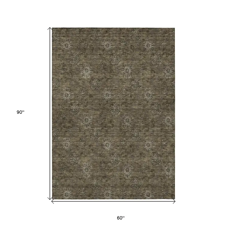 5' X 8' Brown And Beige Floral Washable Indoor Outdoor Area Rug