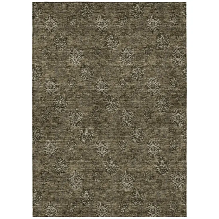 5' X 8' Brown And Beige Floral Washable Indoor Outdoor Area Rug