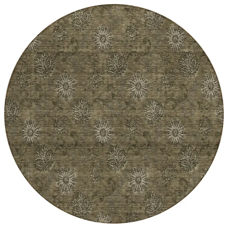 8' Brown And Beige Round Floral Washable Indoor Outdoor Area Rug