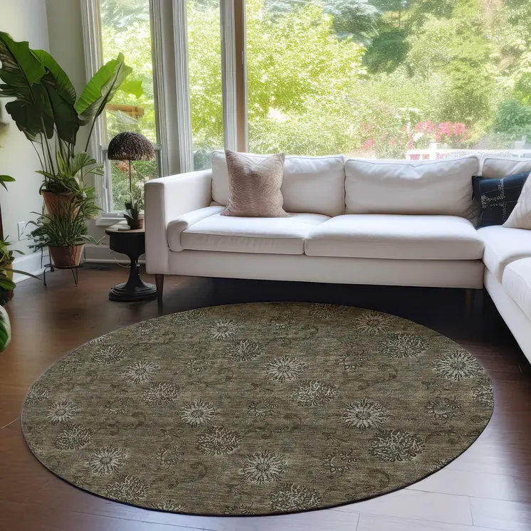 8' Brown And Beige Round Floral Washable Indoor Outdoor Area Rug