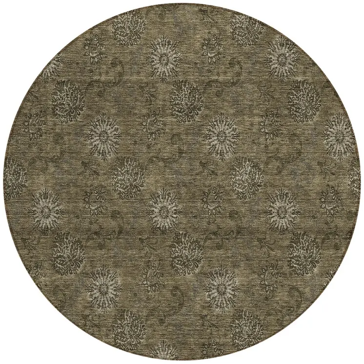 8' Brown And Beige Round Floral Washable Indoor Outdoor Area Rug
