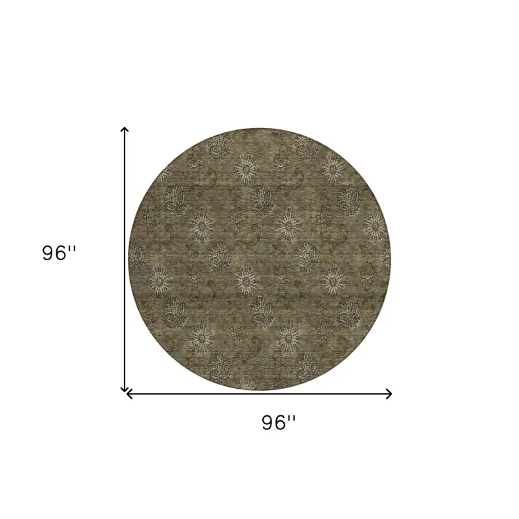 8' Brown And Beige Round Floral Washable Indoor Outdoor Area Rug