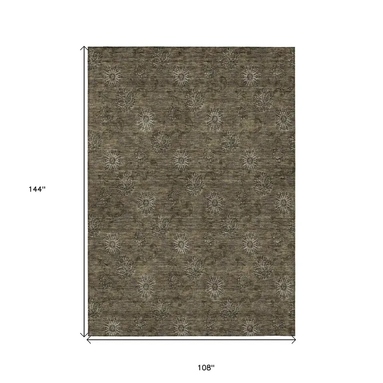9' X 12' Brown And Beige Floral Washable Indoor Outdoor Area Rug