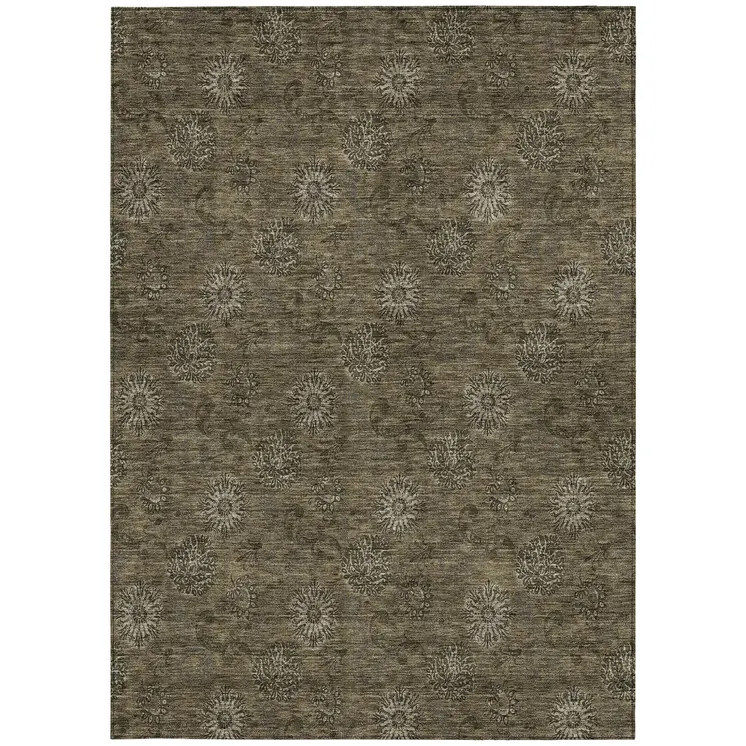 10' X 14' Brown And Beige Floral Washable Indoor Outdoor Area Rug