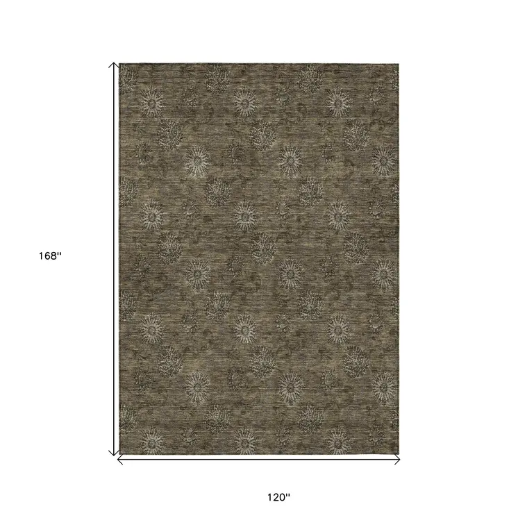 10' X 14' Brown And Beige Floral Washable Indoor Outdoor Area Rug