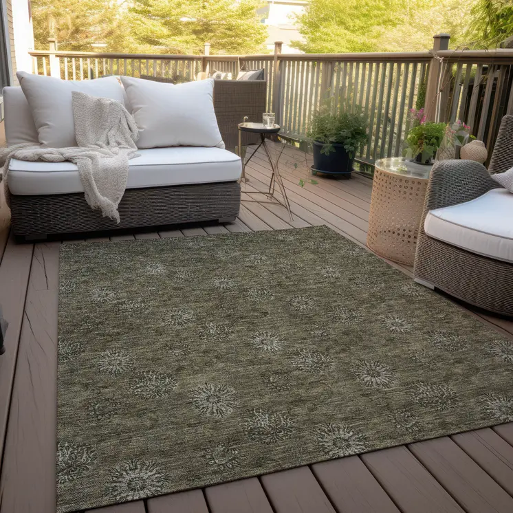 10' X 14' Brown And Beige Floral Washable Indoor Outdoor Area Rug