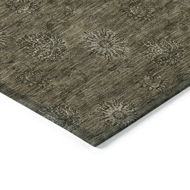 10' X 14' Brown And Beige Floral Washable Indoor Outdoor Area Rug