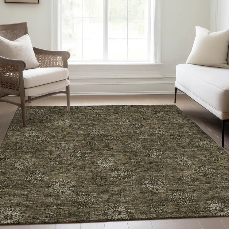 10' X 14' Brown And Beige Floral Washable Indoor Outdoor Area Rug