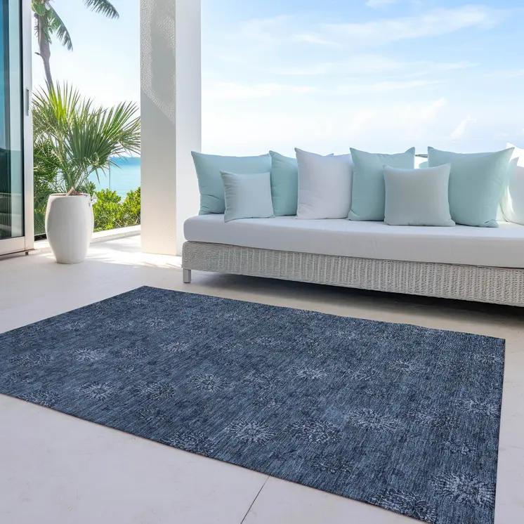 5' X 8' Blue And Navy Blue Floral Washable Indoor Outdoor Area Rug