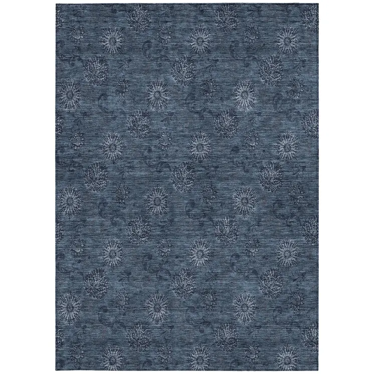 9' X 12' Blue And Navy Blue Floral Washable Indoor Outdoor Area Rug