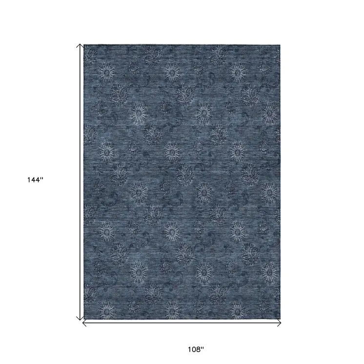 9' X 12' Blue And Navy Blue Floral Washable Indoor Outdoor Area Rug