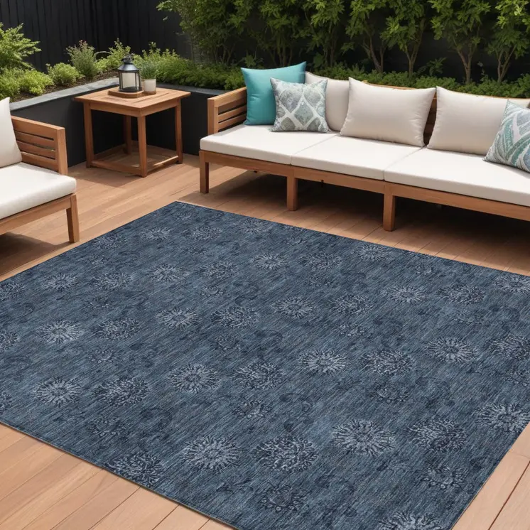 9' X 12' Blue And Navy Blue Floral Washable Indoor Outdoor Area Rug