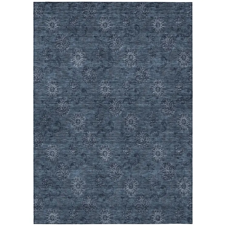 9' X 12' Blue And Navy Blue Floral Washable Indoor Outdoor Area Rug