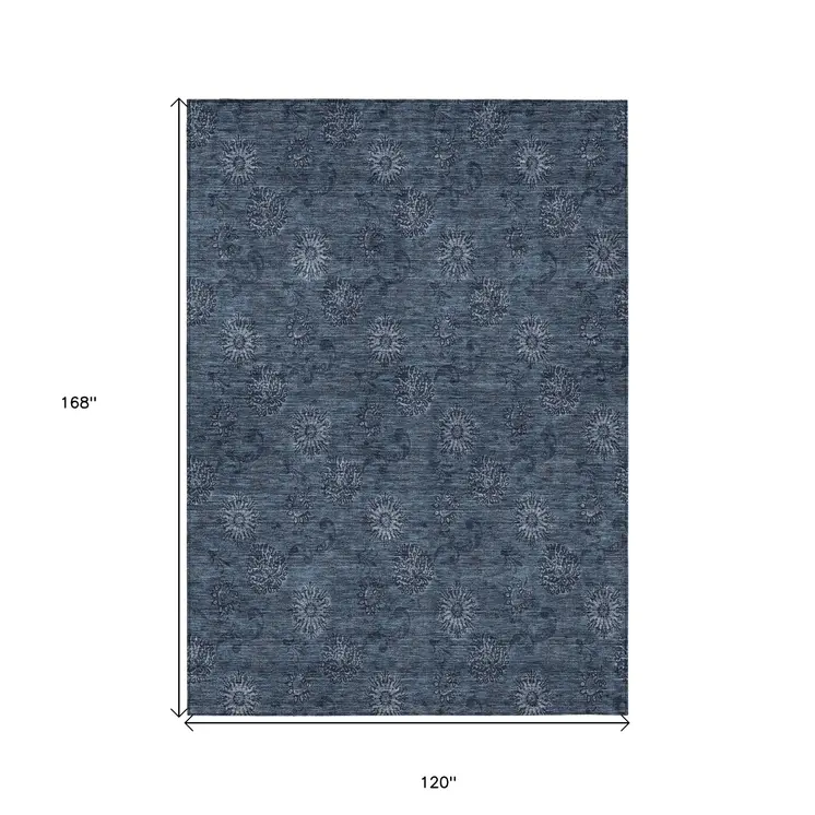 10' X 14' Blue And Navy Blue Floral Washable Indoor Outdoor Area Rug