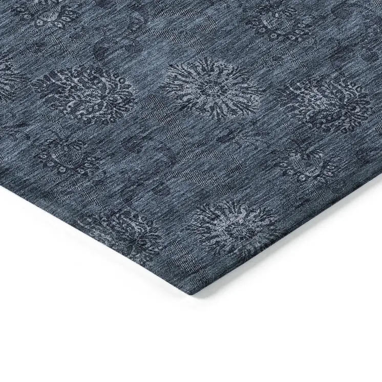 10' X 14' Blue And Navy Blue Floral Washable Indoor Outdoor Area Rug