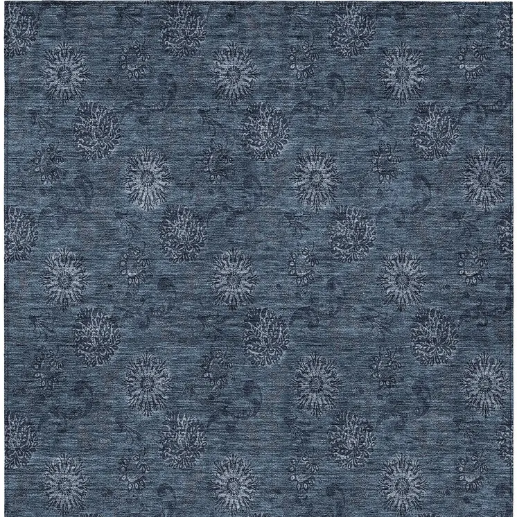 10' X 14' Blue And Navy Blue Floral Washable Indoor Outdoor Area Rug
