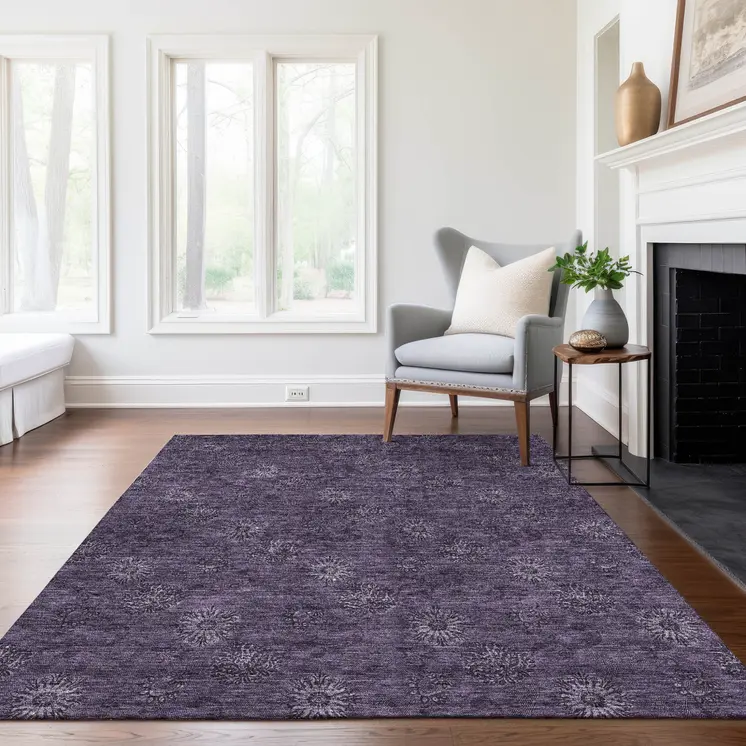 3' X 5' Eggplant And Purple Floral Washable Indoor Outdoor Area Rug