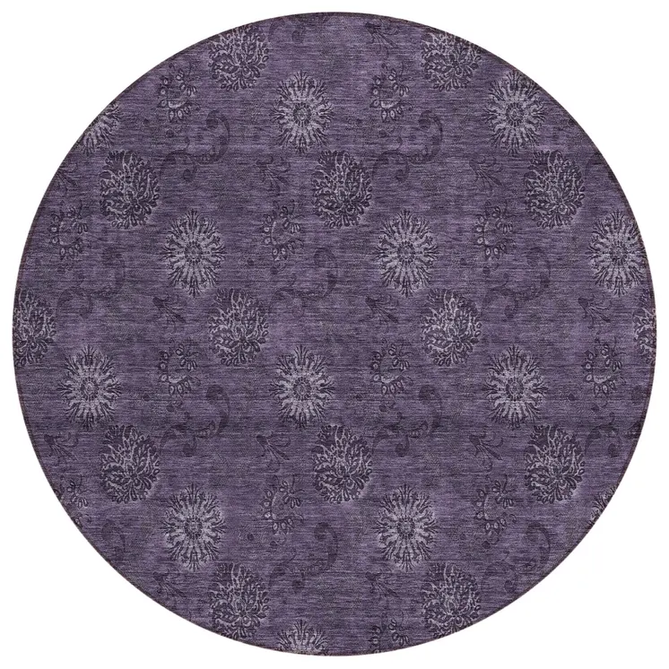 8' Eggplant And Purple Round Floral Washable Indoor Outdoor Area Rug