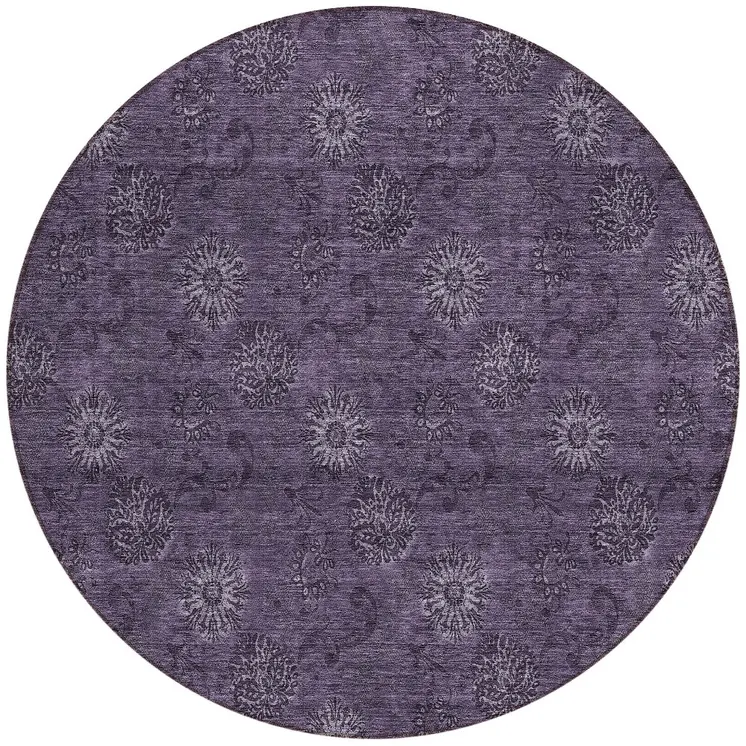 8' Eggplant And Purple Round Floral Washable Indoor Outdoor Area Rug