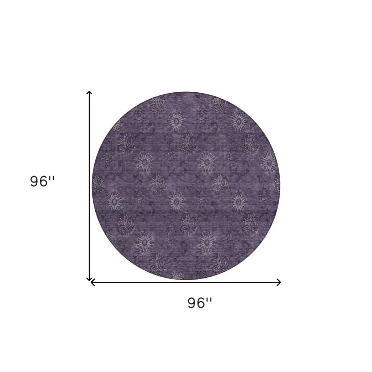 8' Eggplant And Purple Round Floral Washable Indoor Outdoor Area Rug