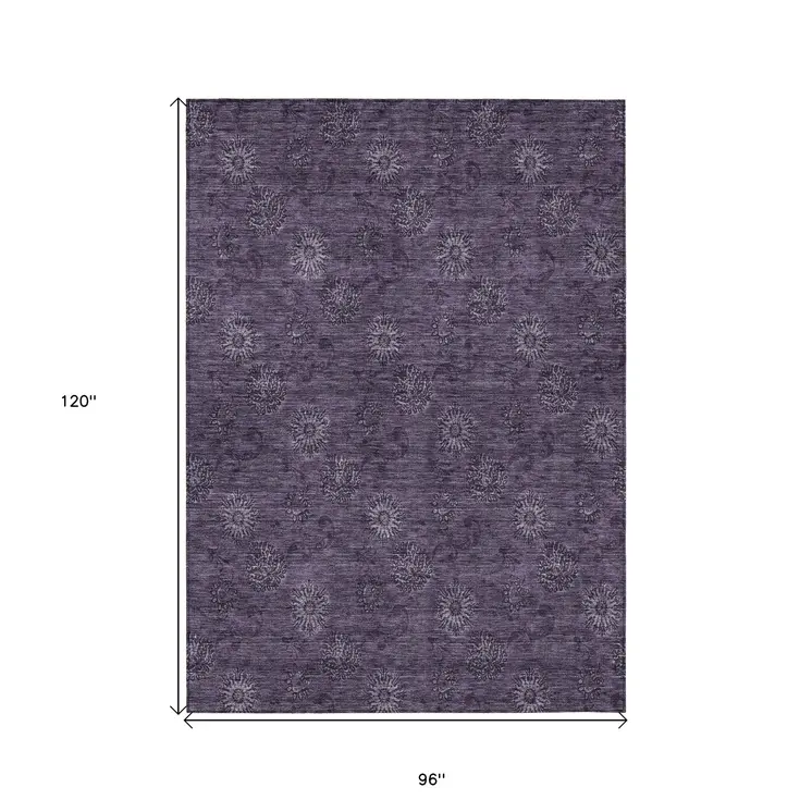 8' X 10' Eggplant And Purple Floral Washable Indoor Outdoor Area Rug