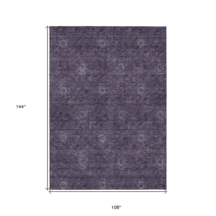 9' X 12' Eggplant And Purple Floral Washable Indoor Outdoor Area Rug