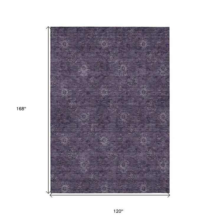 10' X 14' Eggplant And Purple Floral Washable Indoor Outdoor Area Rug